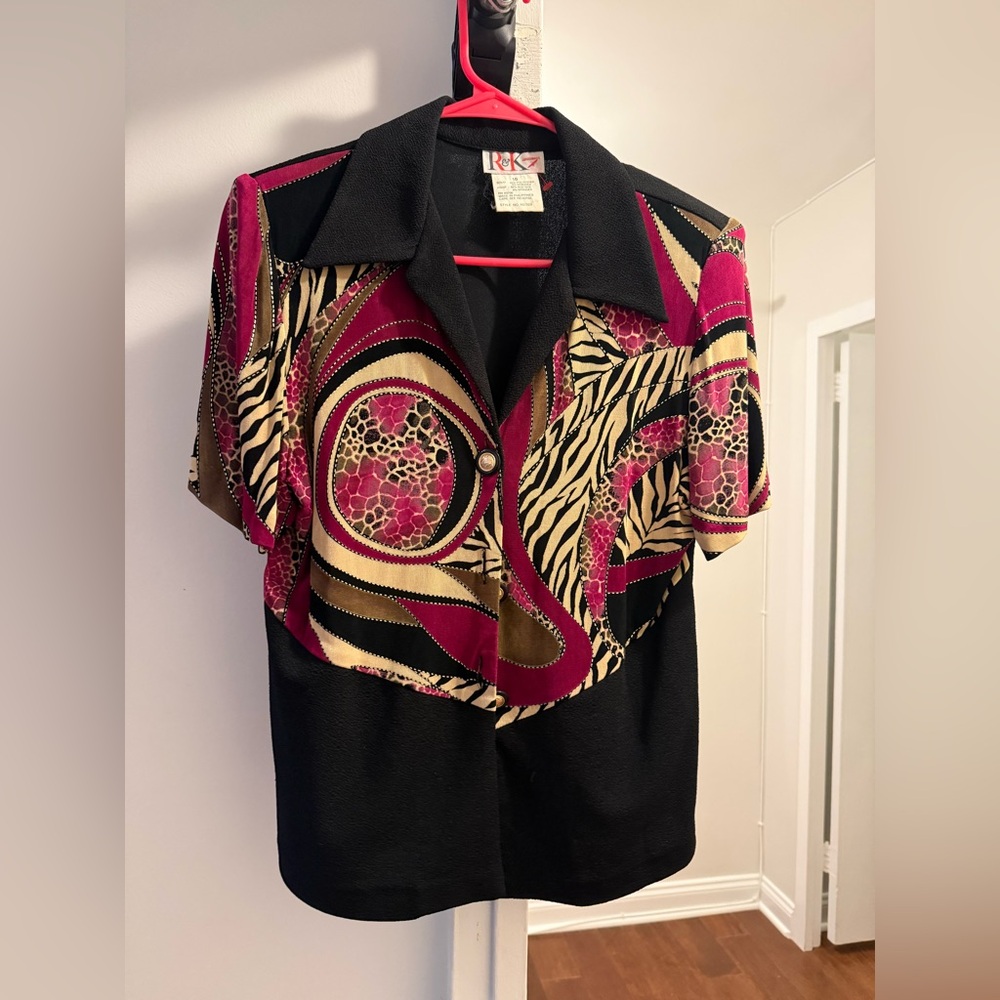 Vintage R&K Originals 90s Animal Print Abstract Blouse Shoulder Pad Top Size 10